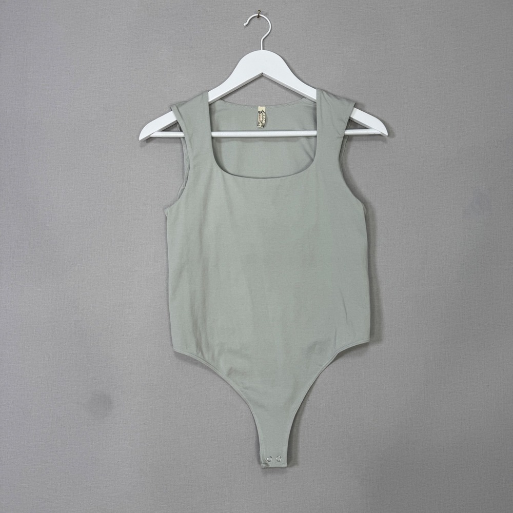Free People Luna Bodysuit Womens M/L Gray Square Neck Seamless Minimalist Top